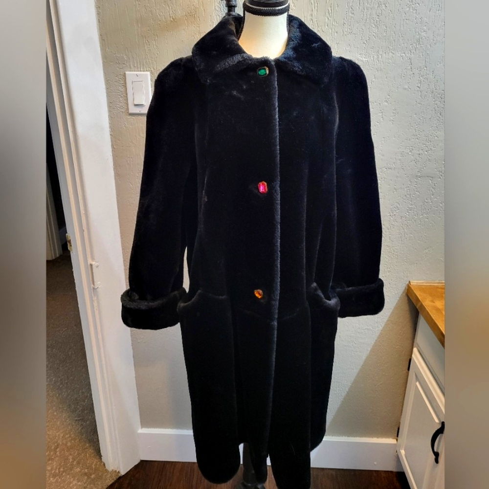Young Gallery Black Faux Fur Long Coat with Jeweled Buttons